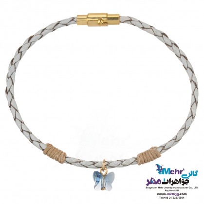 دستبند طلا و چرم - سنگ سواروسکی پروانه-MB0870